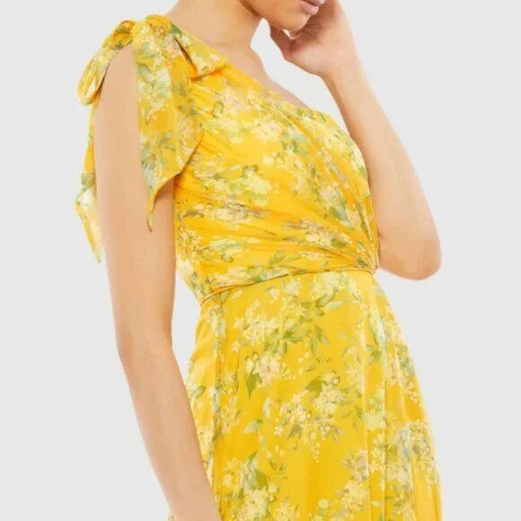 Mac Duggal 55427 Yellow Green Floral One Shoulder‎ Maxi Gown Dress Size 12 NWT - Picture 3 of 8